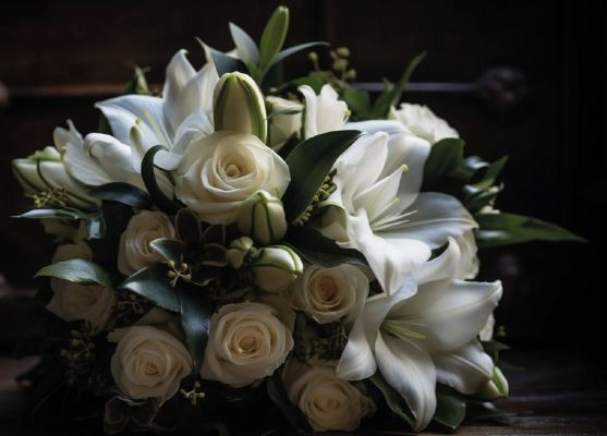 Bouquet funéraire composé de lys blancs, de roses et de feuillage sombre, conçu dans un style élégant et sobre, parfait pour des hommages dans le Pays de Gex